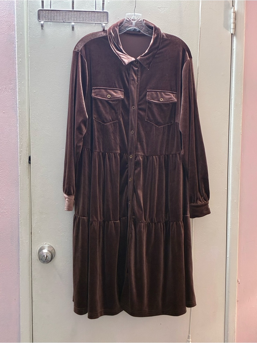 SHEIN Brown Velvet Long Sleeve Tiered Shirt Dress